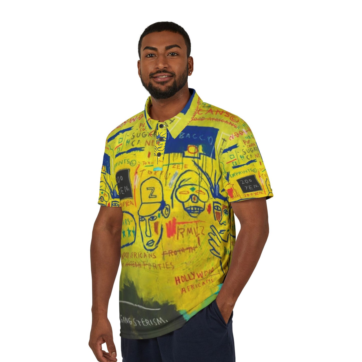 BasQ Yellow Graffiti Art Polo Shirt – Abstract Streetwear Design